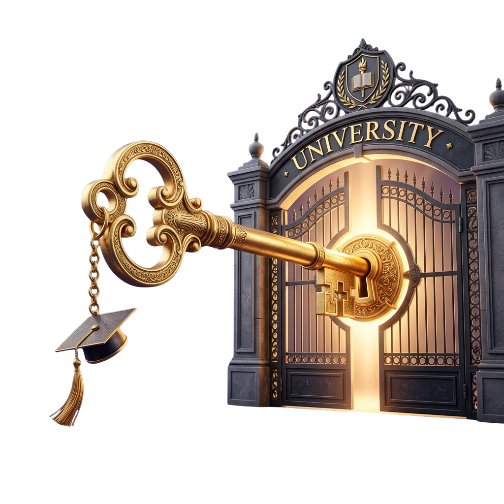 A golden key with a graduation cap attached opens a university gate with the word UNIVERSITY above it.