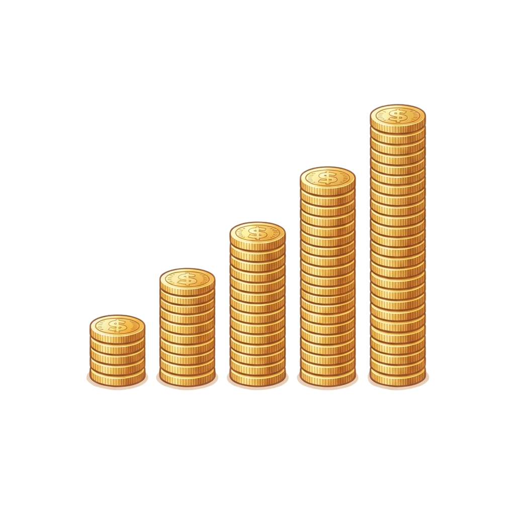 Five stacks of gold coins increasing in height from left to right