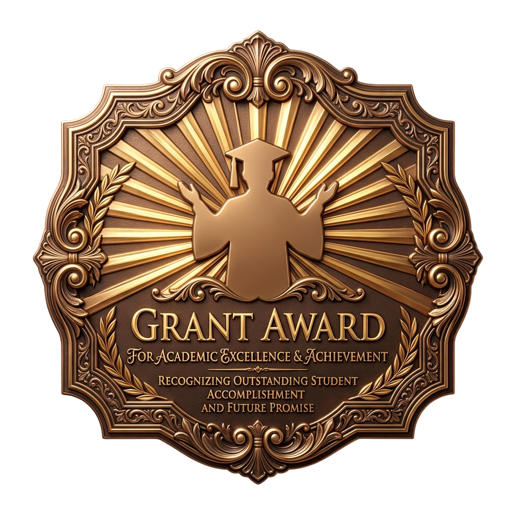 Gold-colored ornate award badge featuring a graduation cap and rays, labeled Grant Award for Academic Excellence
