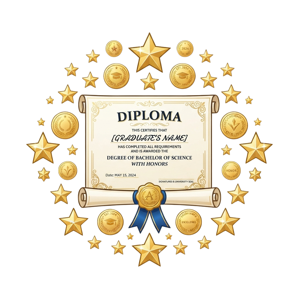 Illustrated diploma for a Bachelor of Science with Honors featuring stars, medals, and a scroll design