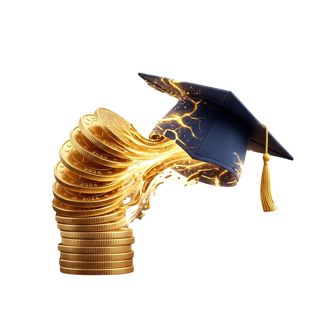 A graduation cap resting on top of a stack of glowing gold coins with 2024 dates visible.