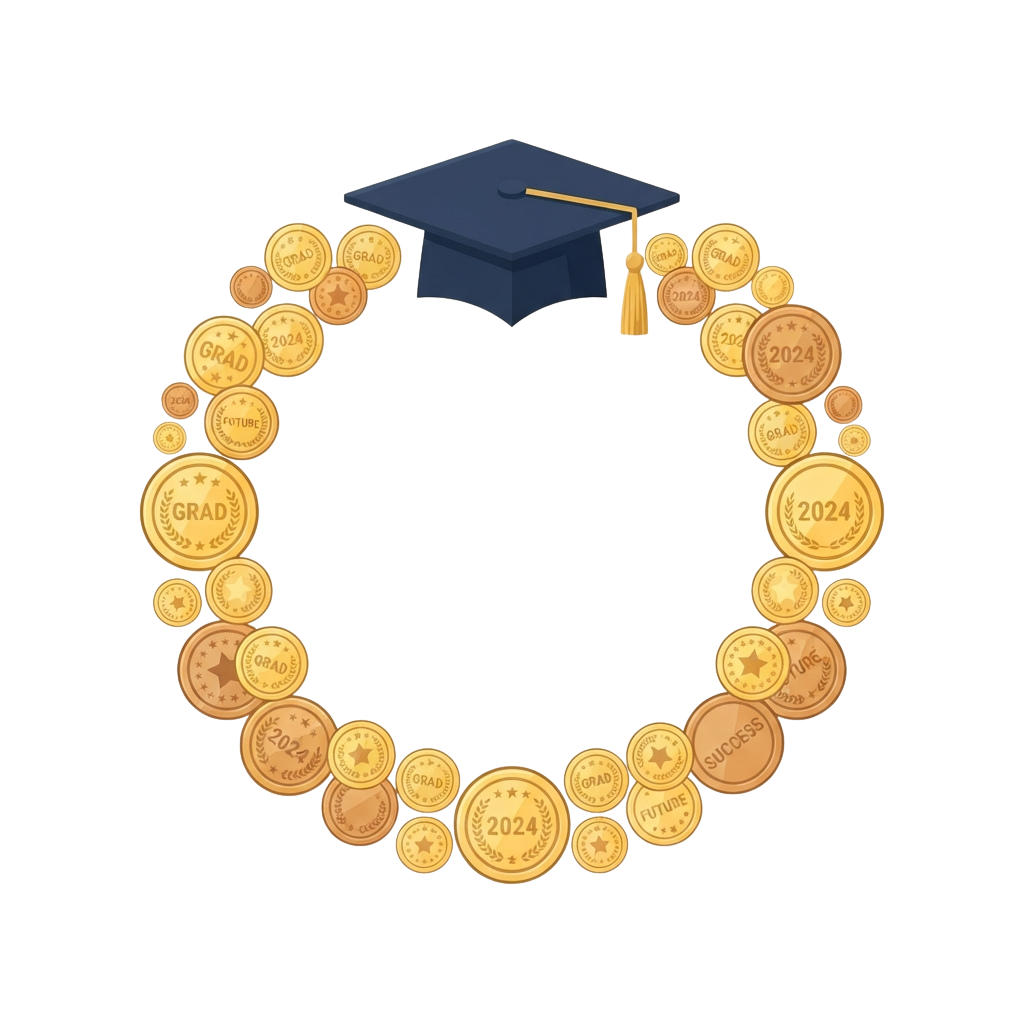 Illustration of a graduation cap surrounded by coins with graduation and year 2024 stamps