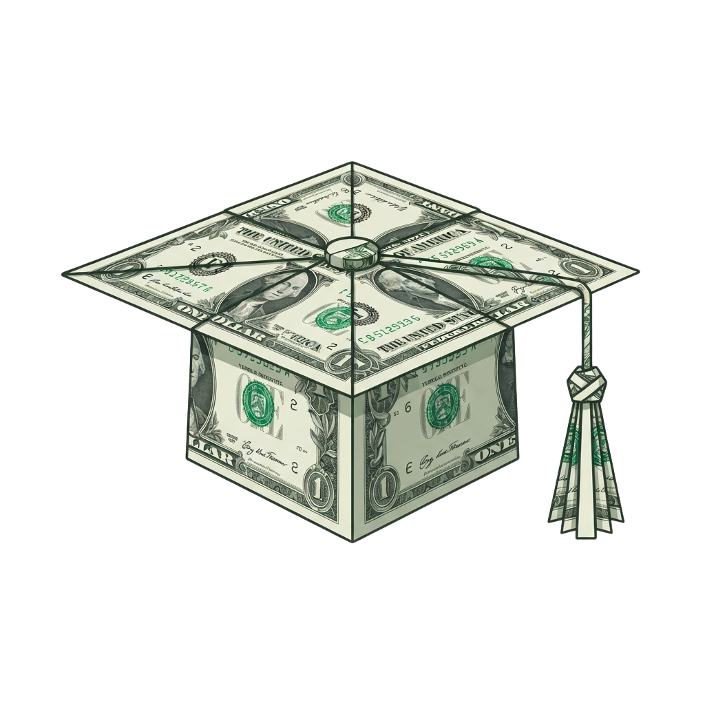 A graduation cap constructed from US dollar bills with a tassel made of paper strips.