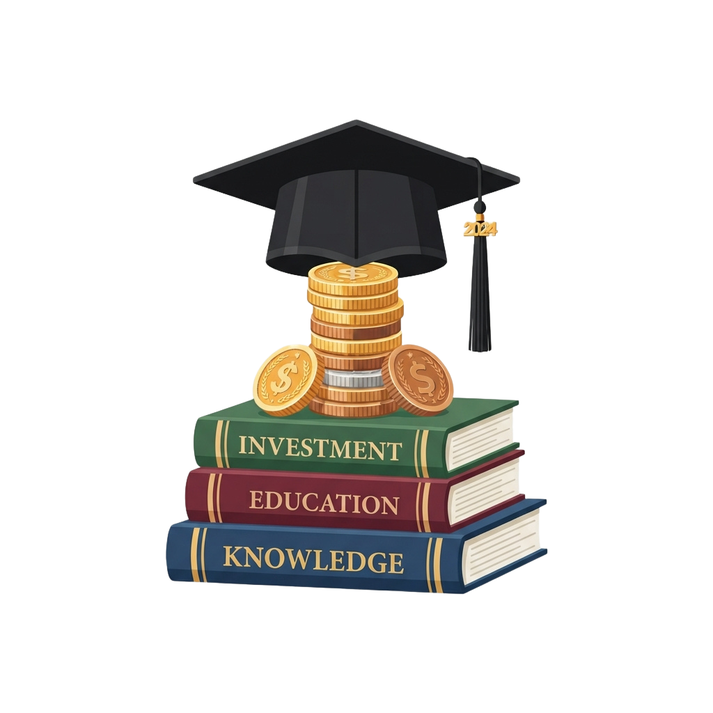 Graduation cap atop stack of books labeled Investment, Education, Knowledge with gold coins