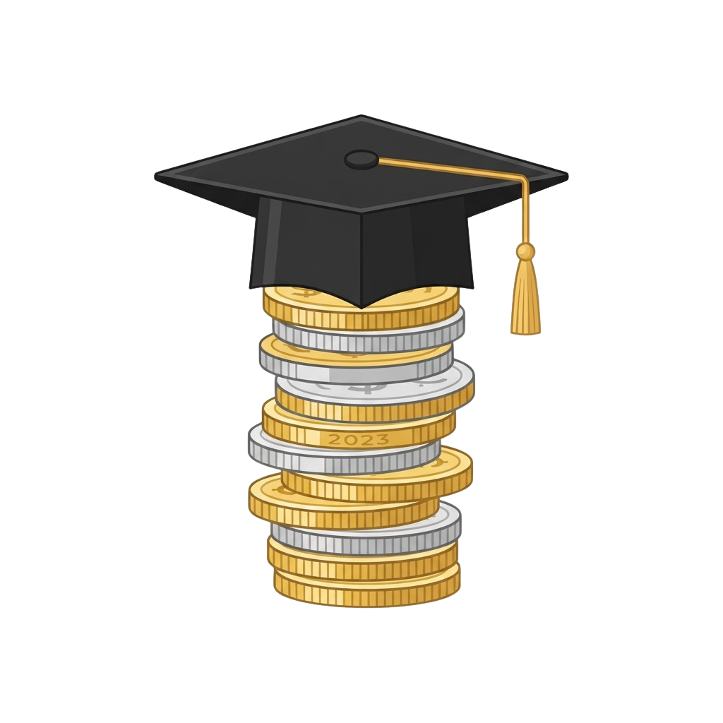 A graduation cap balanced on top of a stack of gold coins
