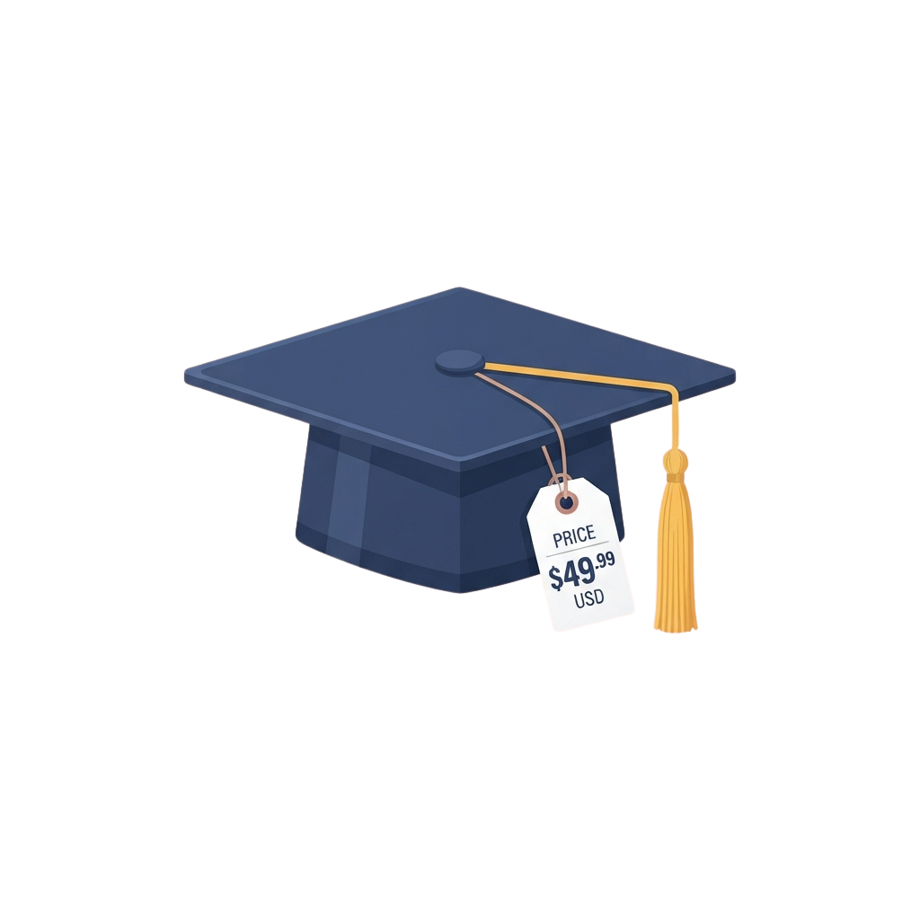 Blue graduation cap with tassel and a price tag showing forty-nine ninety-nine USD