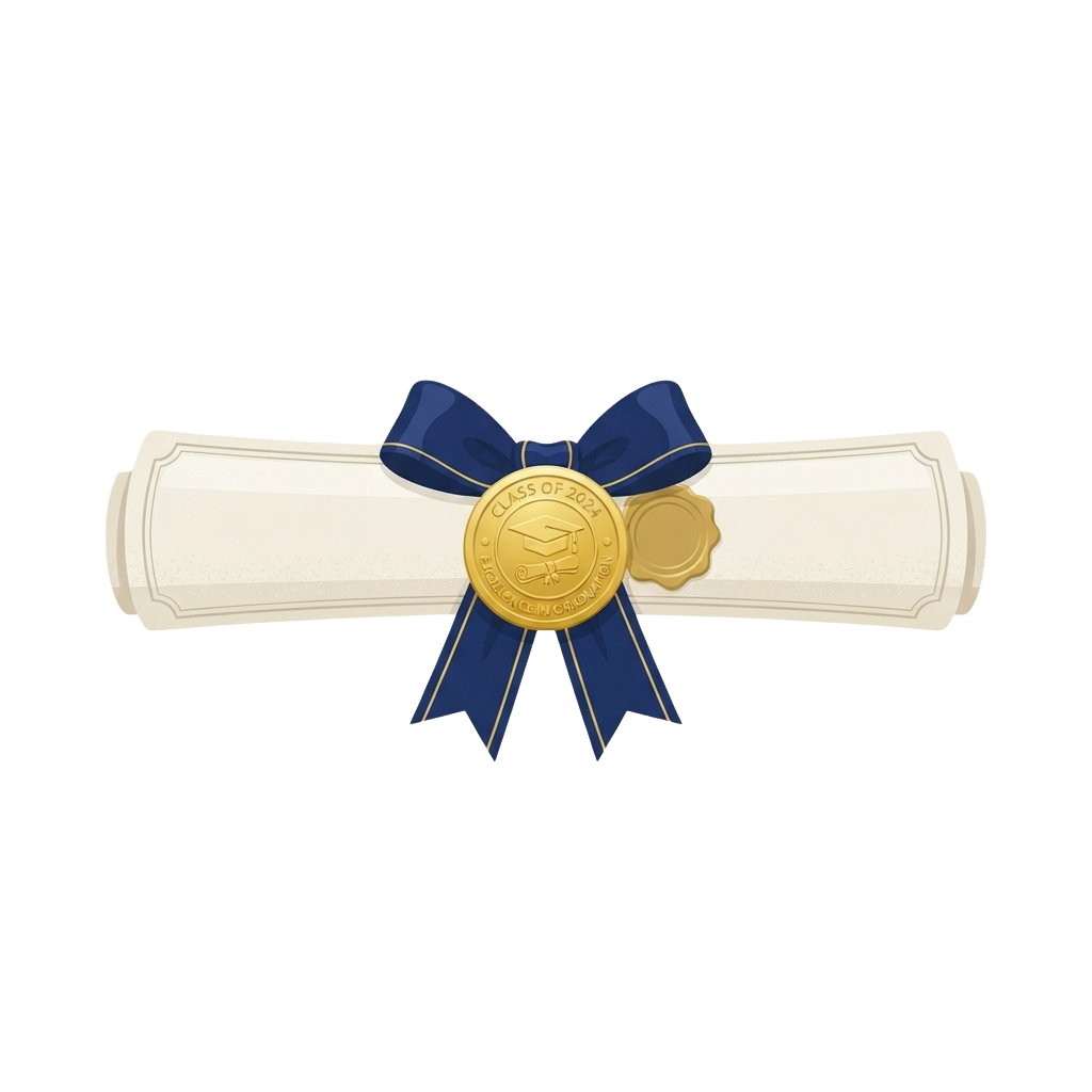 Illustration of a rolled diploma with blue ribbon and gold seal reading Class of 2024