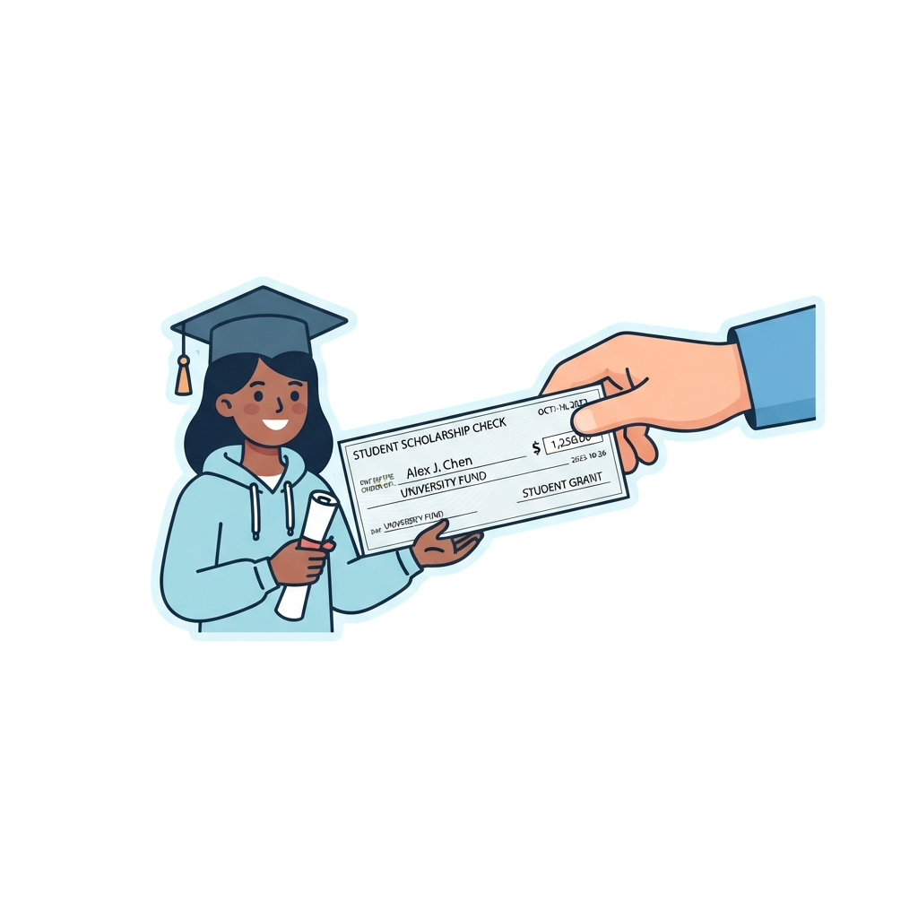 Graduate in cap and gown holding a scholarship check being handed to them by another hand