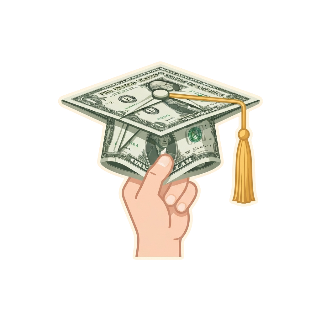 A hand making a peace sign holding a graduation cap made of dollar bills with a tassel