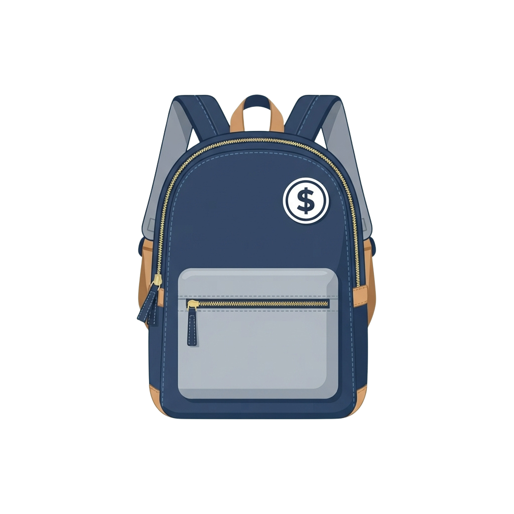 Blue backpack featuring a dollar sign logo on top and a light blue front pocket with tan straps