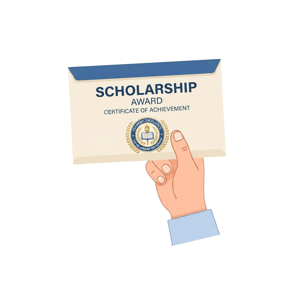 Hand holding a scholarship award certificate with an emblem and text reading Scholarship Award Certificate of Achievement
