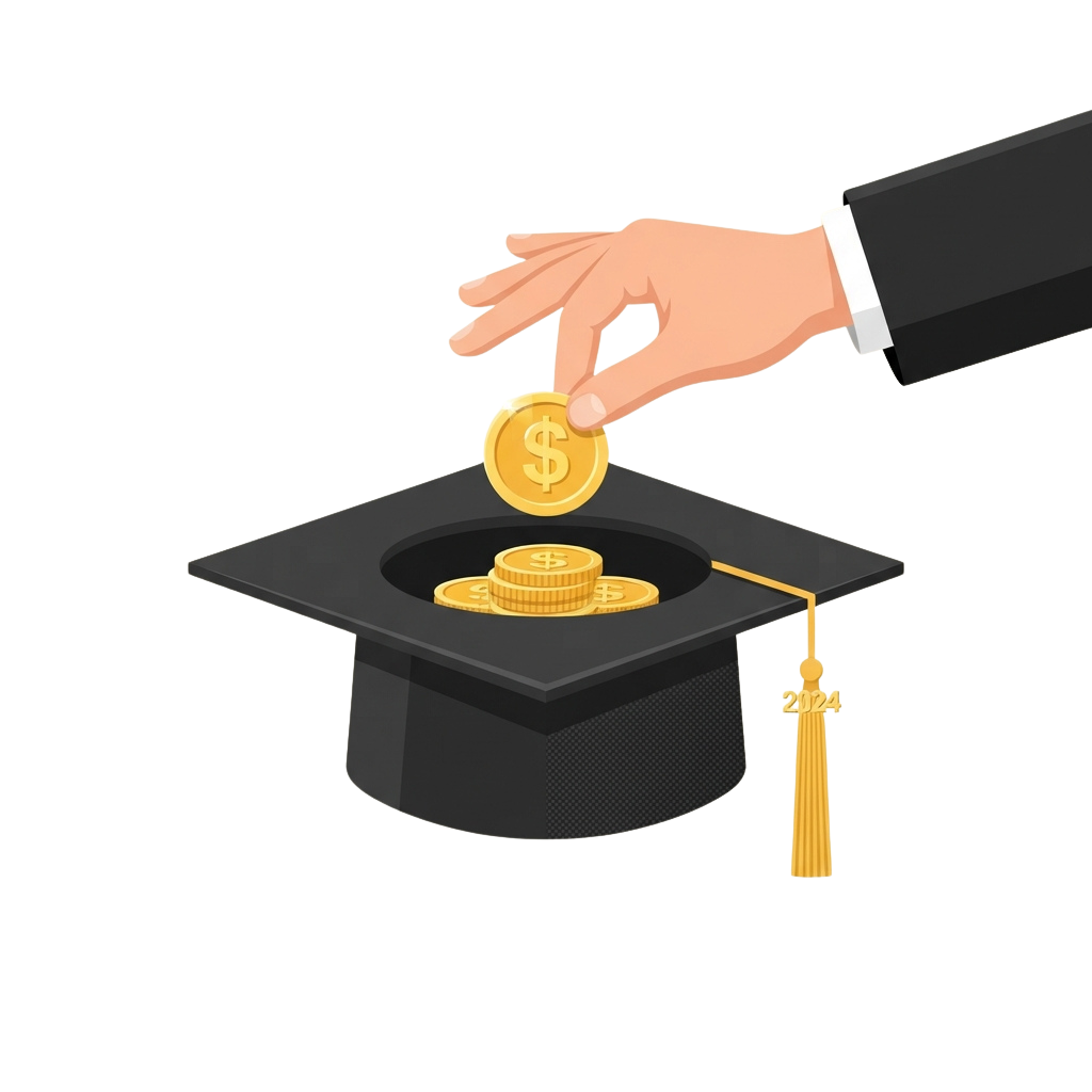 Hand placing gold coin into graduation cap with two coins inside
