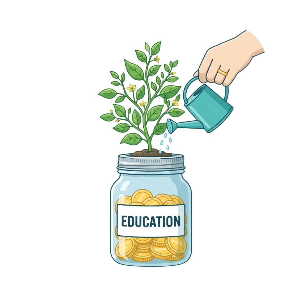 Hand watering a plant growing from a jar labeled Education filled with coins
