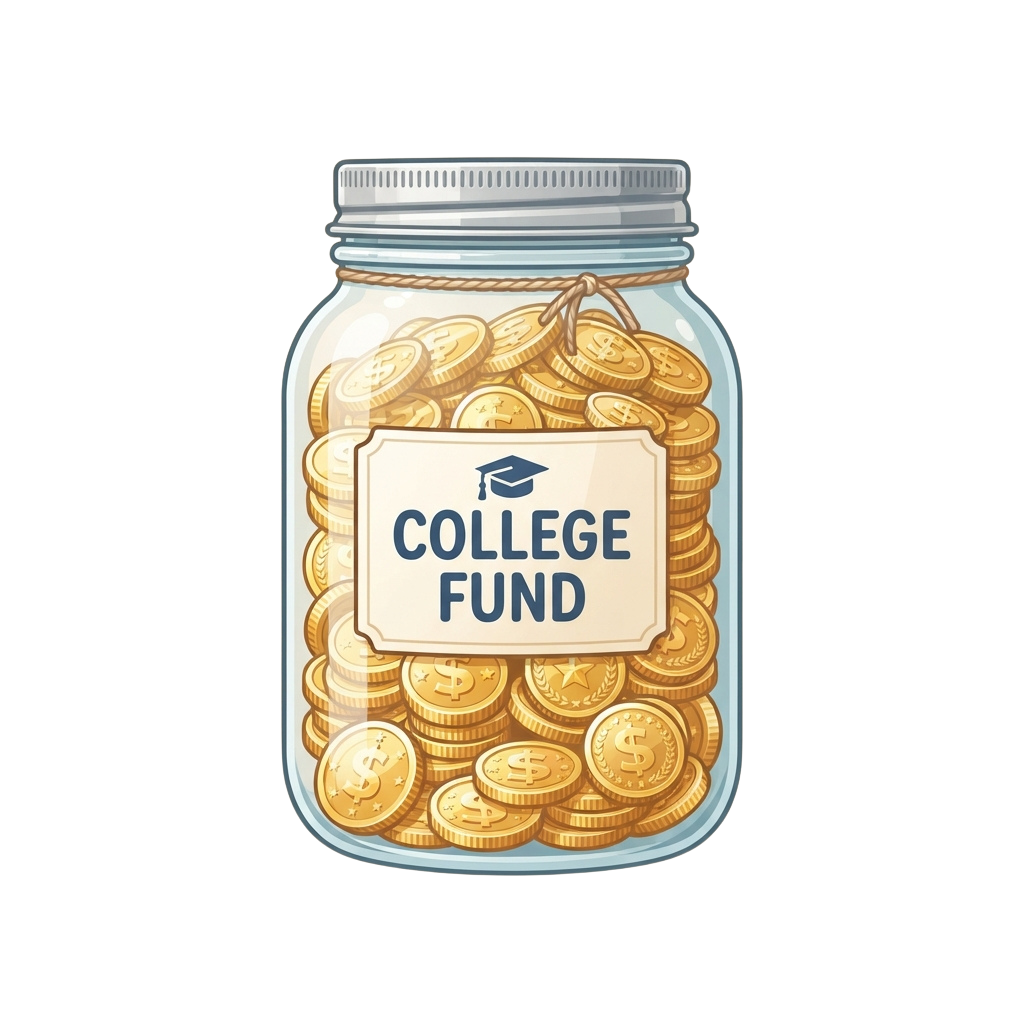 A transparent jar filled with gold coins labeled College Fund with a graduation cap icon
