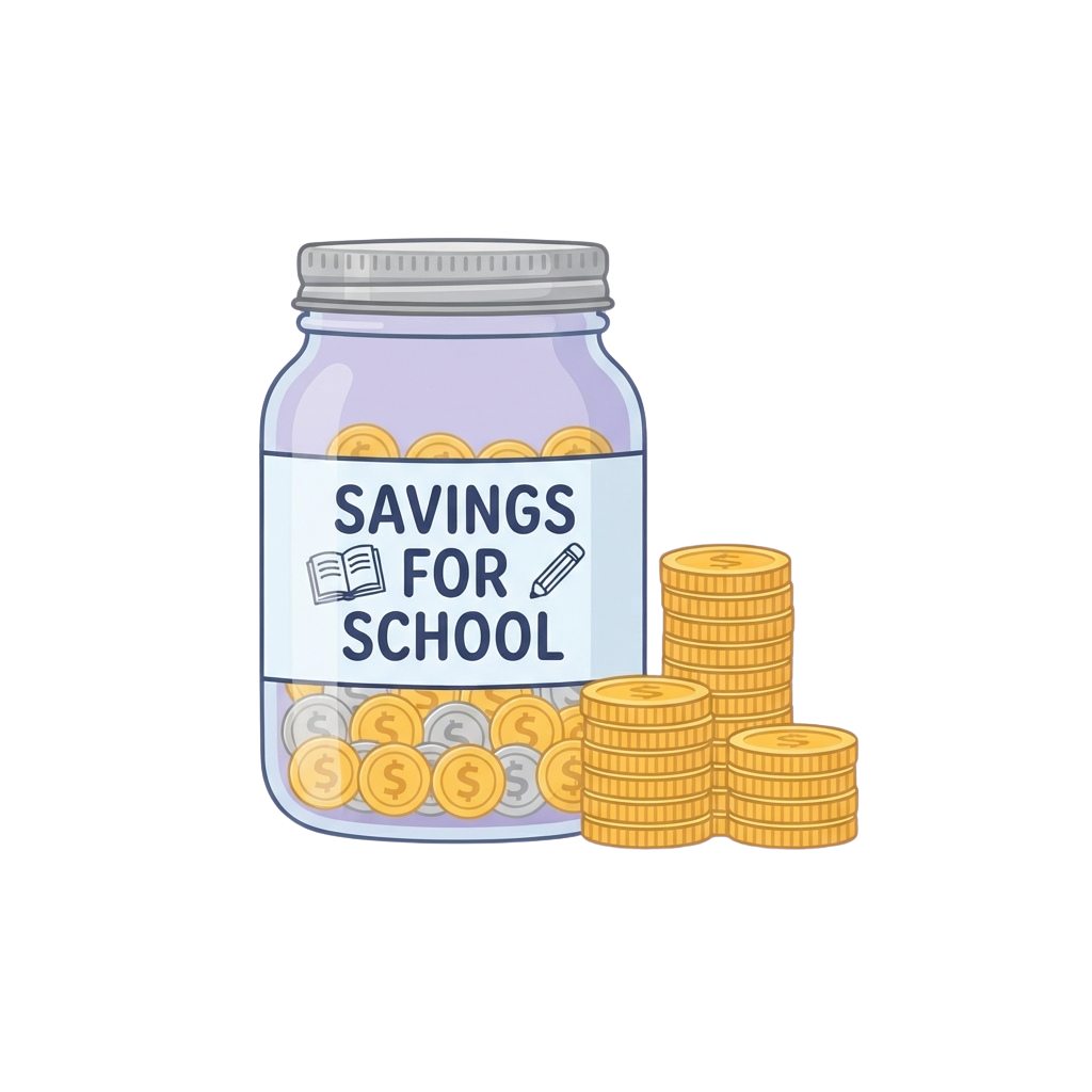 A jar labeled Savings for School filled with coins and stacks of coins beside it