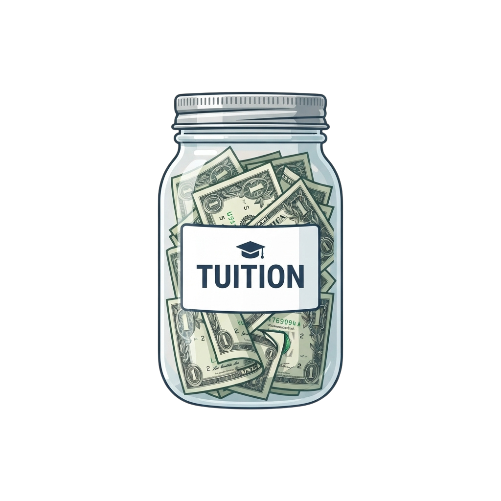 A clear jar filled with dollar bills labeled tuition with a graduation cap icon