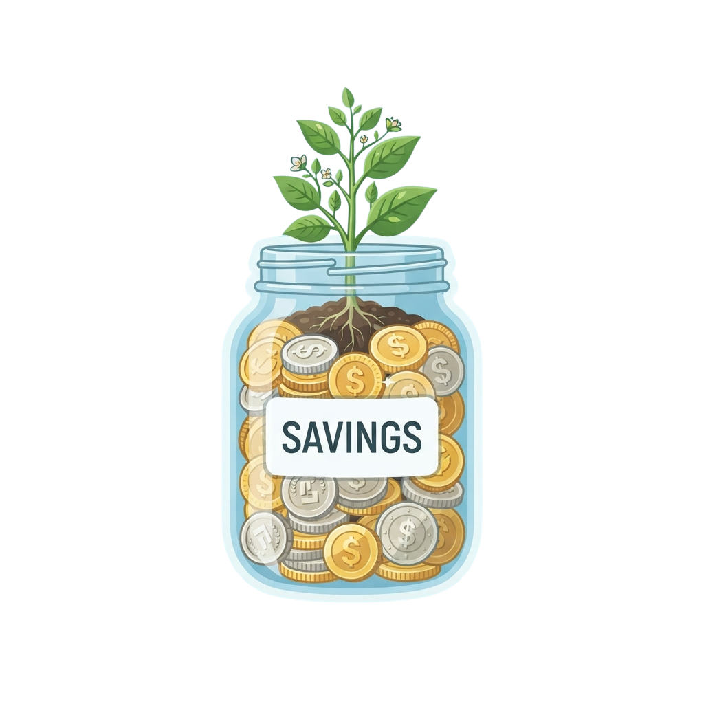 A savings jar filled with coins and a small plant sprouting from the top, symbolizing financial growth and savings.