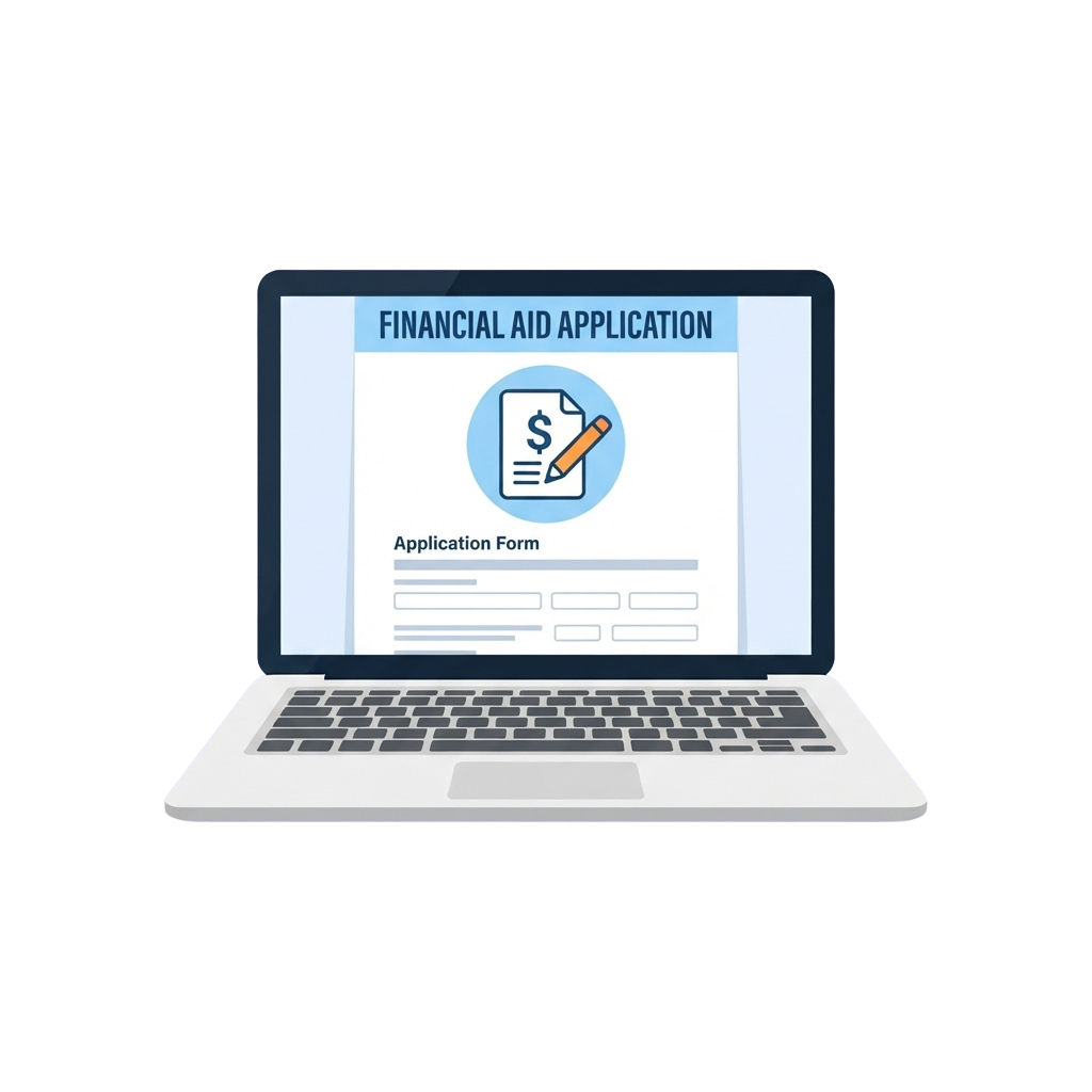 Laptop screen showing a financial aid application form with a dollar sign icon and pencil