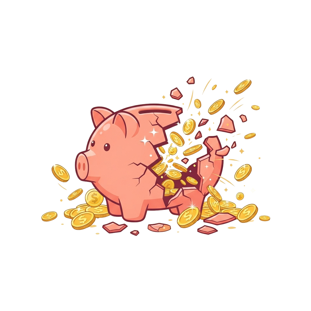 A cartoon piggy bank cracked open, spilling gold coins everywhere
