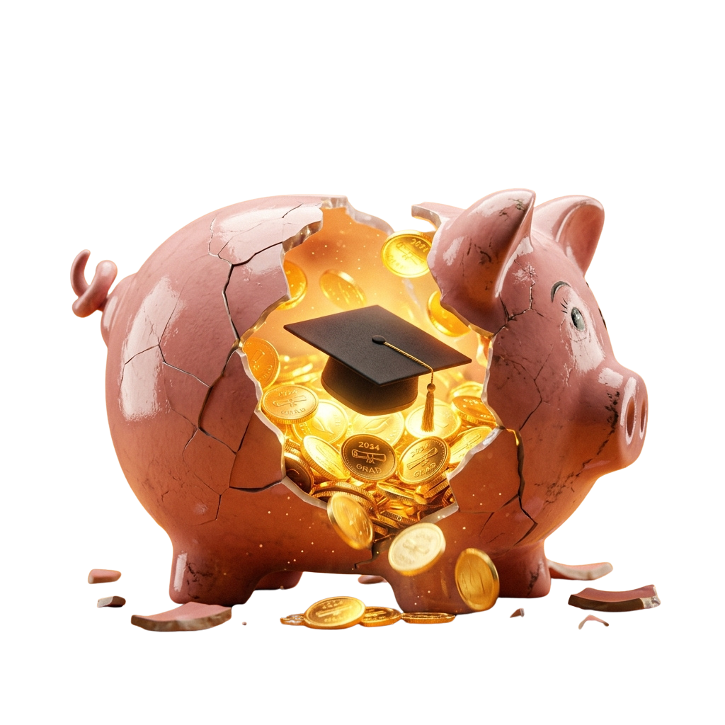 A cracked piggy bank spilling golden coins and a graduation cap, representing education savings.