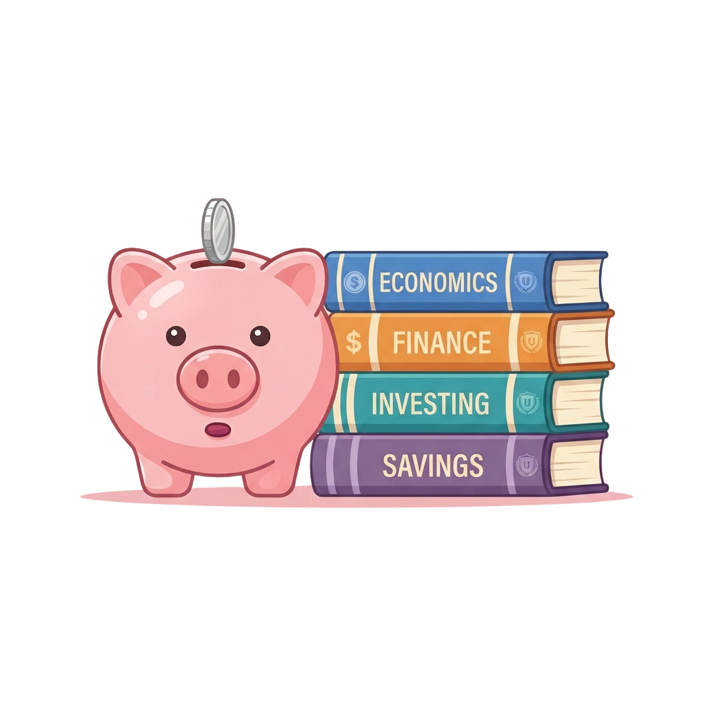 Pink piggy bank with a coin on its back next to four colorful books labeled Economics, Finance, Investing, and Savings