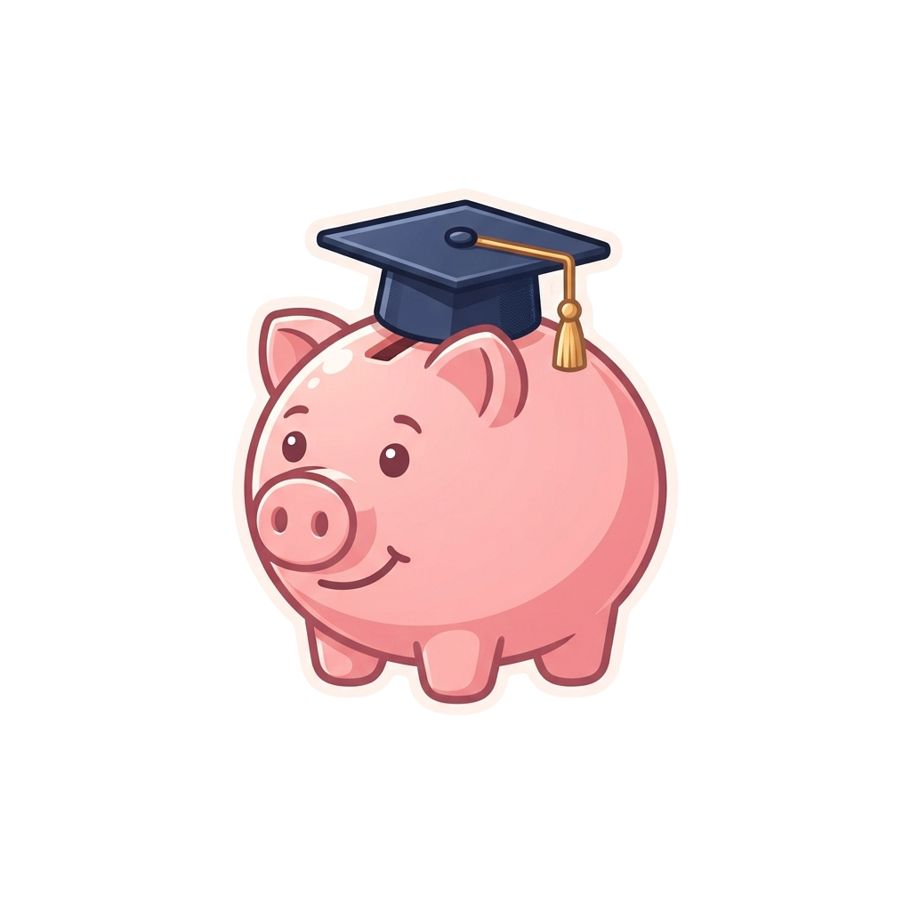 A smiling pink piggy bank wearing a graduation cap and tassel