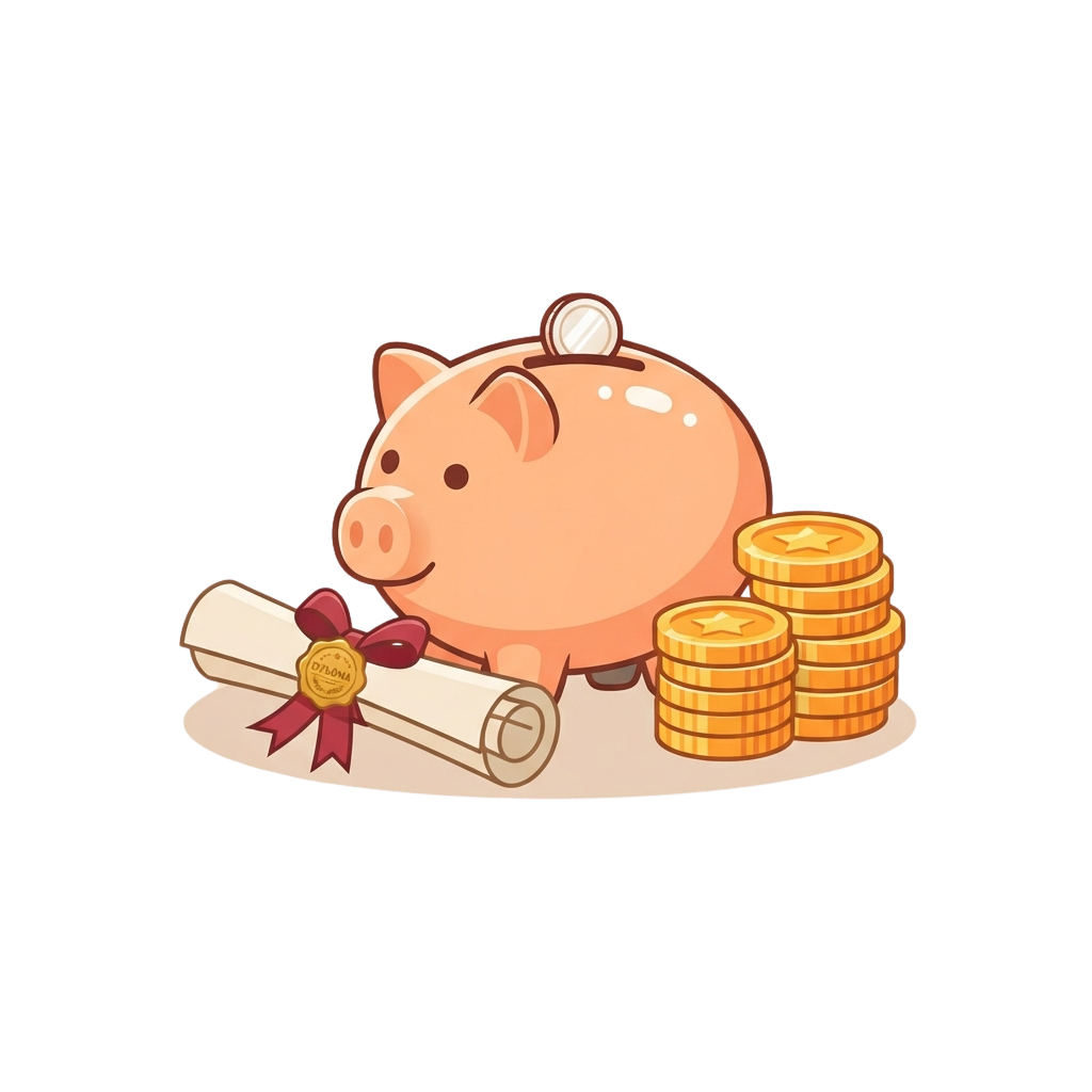 A smiling pink piggy bank with a coin slot on top, a rolled diploma with a red ribbon, and stacks of gold coins beside it