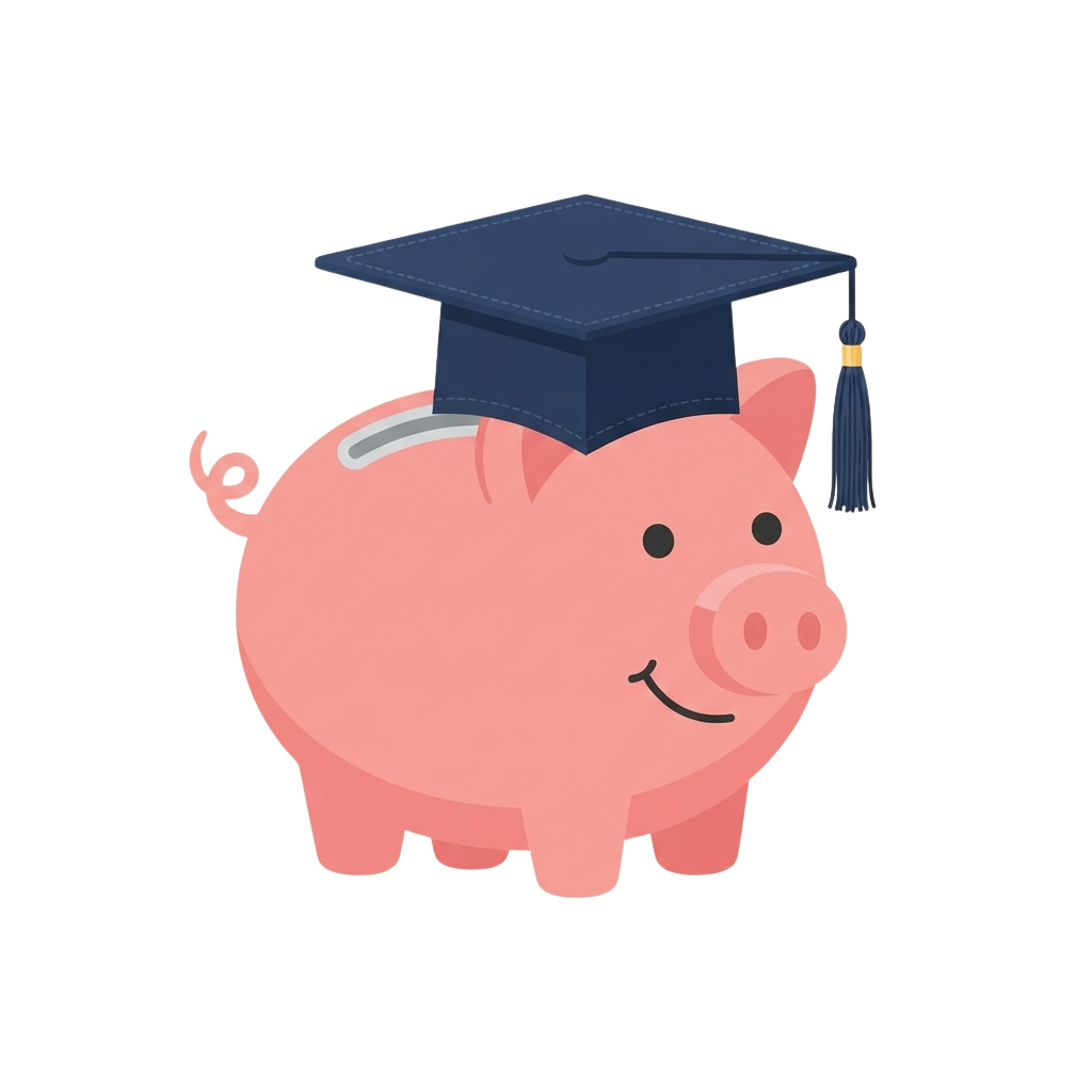 A smiling pink piggy bank wearing a graduation cap with a tassel