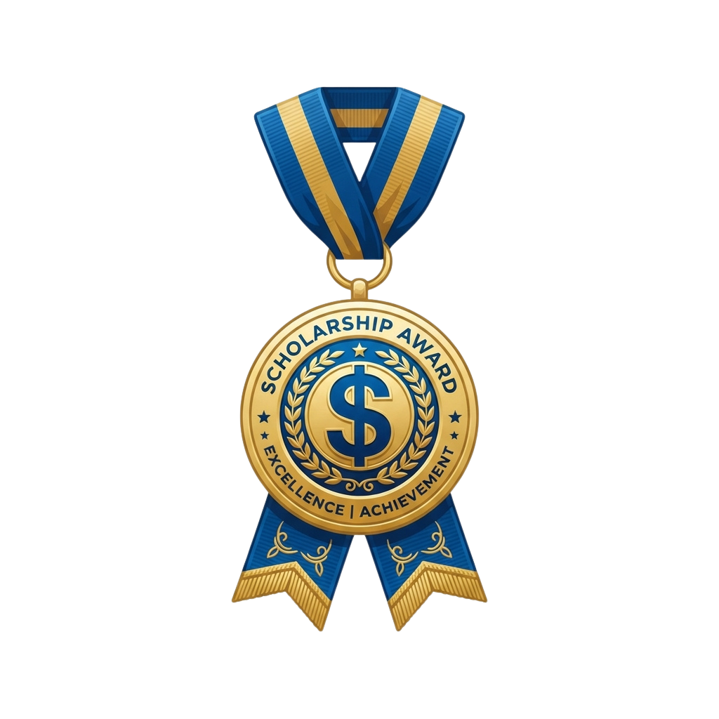 Gold scholarship award medal featuring a dollar symbol, laurel wreath, and blue ribbon with gold accents