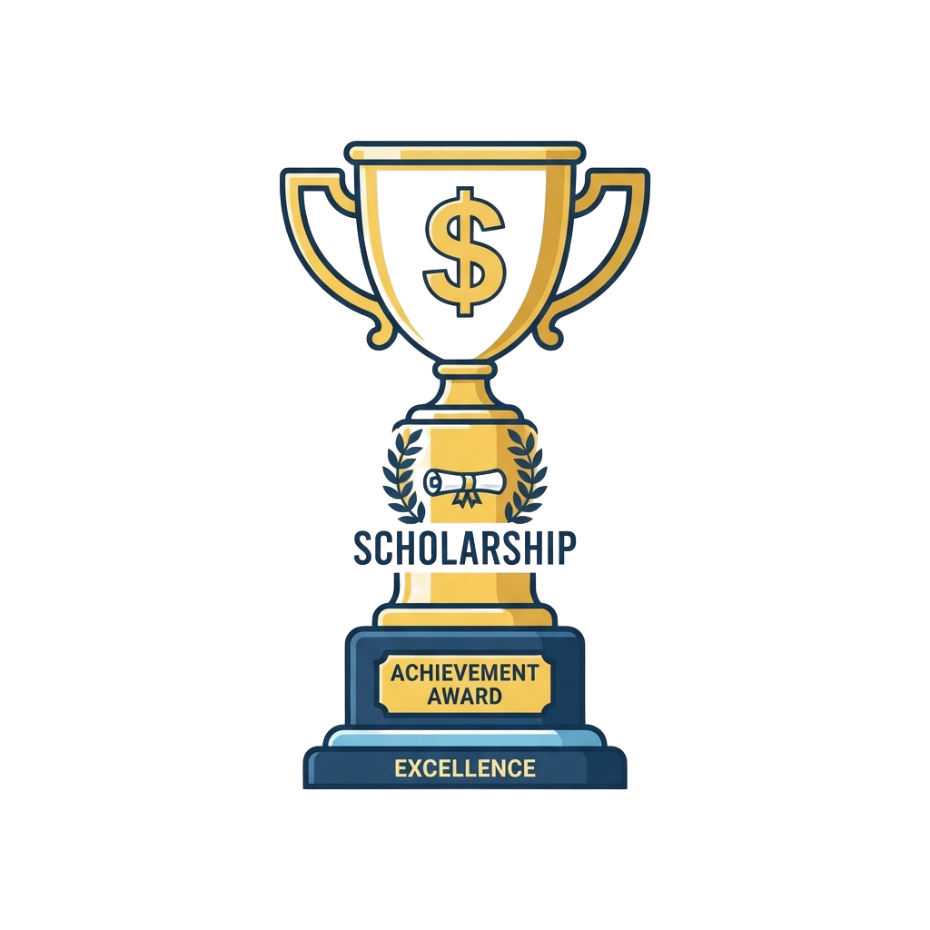 Illustration of a trophy with dollar sign inside cup, labeled scholarship achievement award and excellence