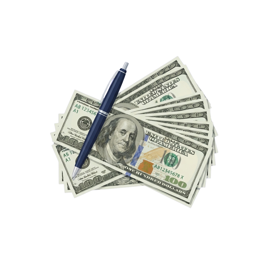 Stack of US hundred dollar bills with a blue pen placed on top