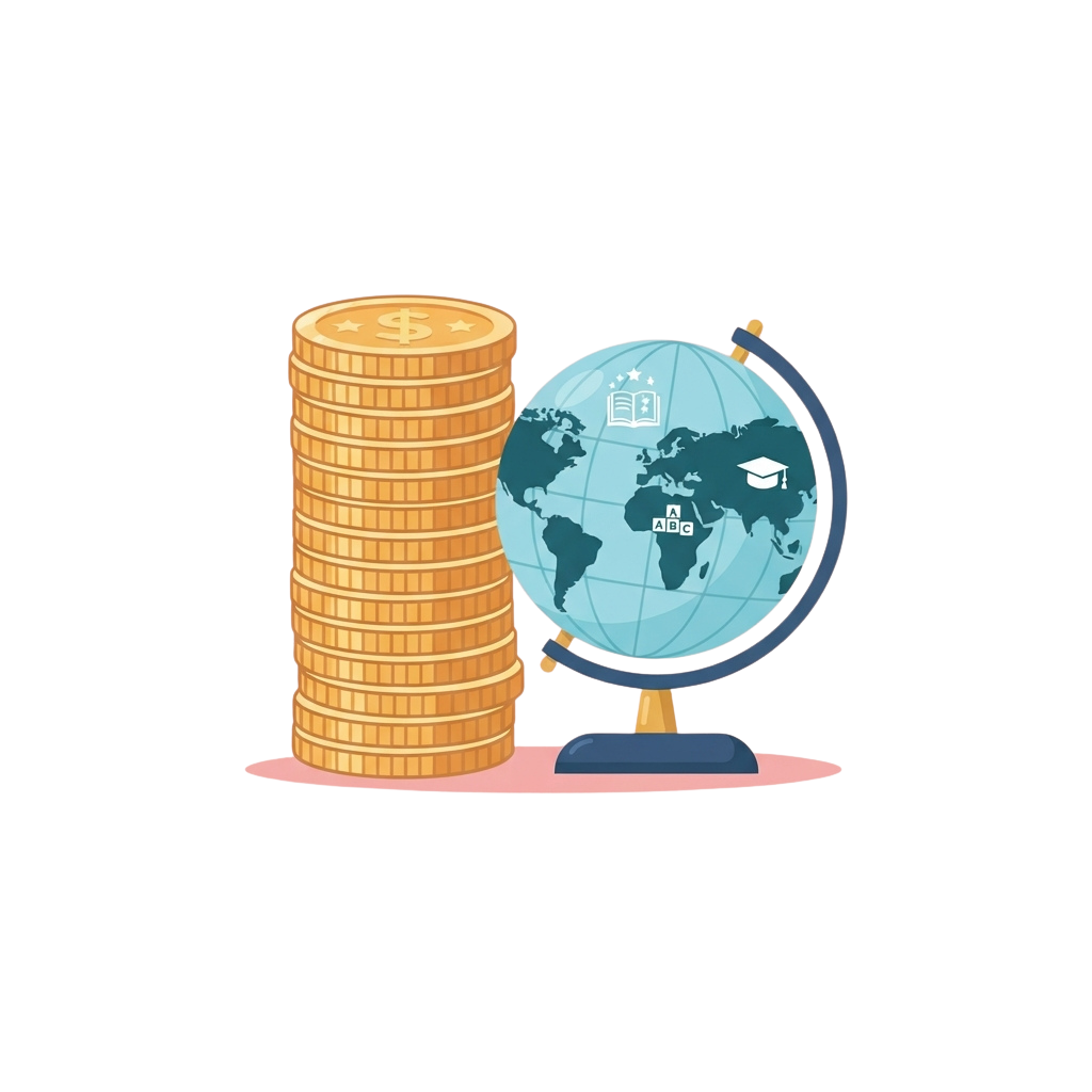 Stack of gold coins beside a globe showing education icons like a book and graduation cap