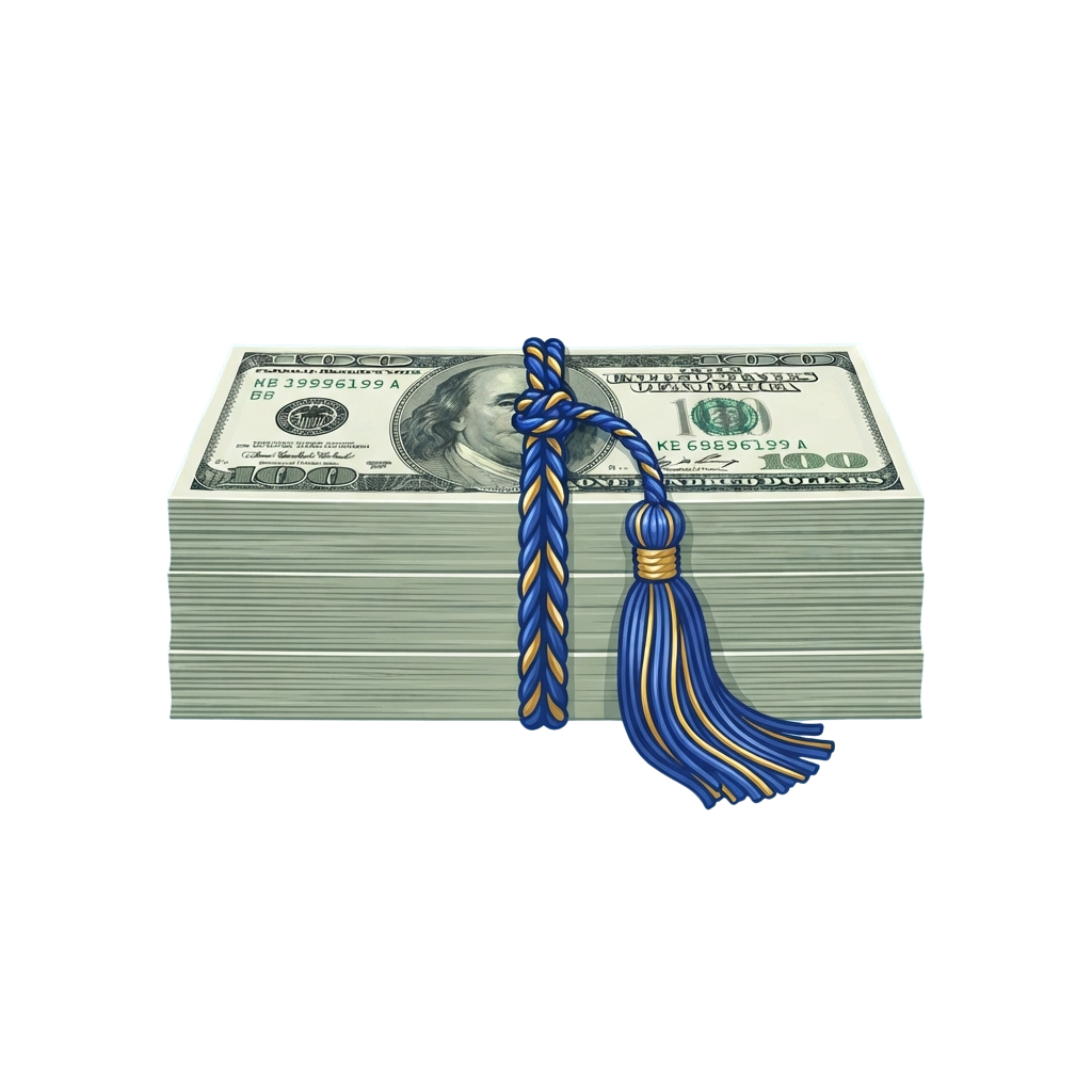 Stack of US dollar bills tied with a blue and gold graduation tassel