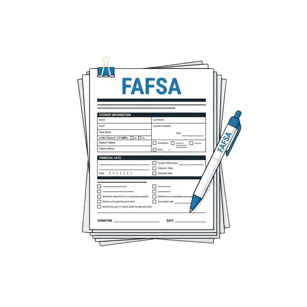 FAFSA application form displayed with a pen and paper clips on top