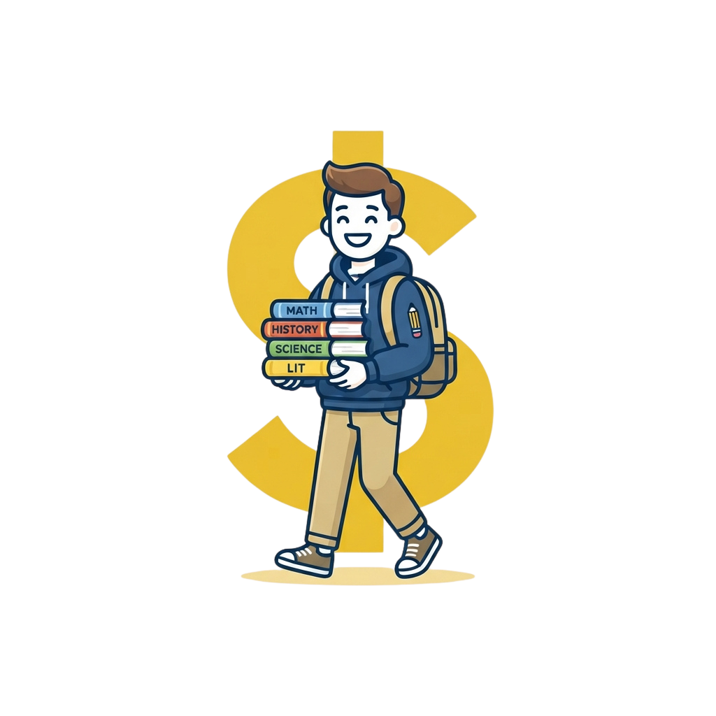 A smiling student carrying books labeled math, history, science, and lit inside a large dollar sign