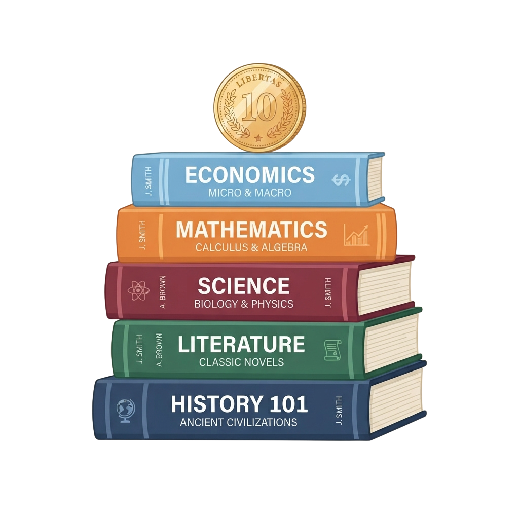 Illustration of five stacked books labeled Economics, Mathematics, Science, Literature, and History with a gold medal on top.