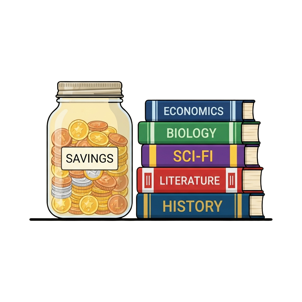 A piggy bank labeled savings next to a stack of books labeled economics, biology, sci-fi, literature, and history
