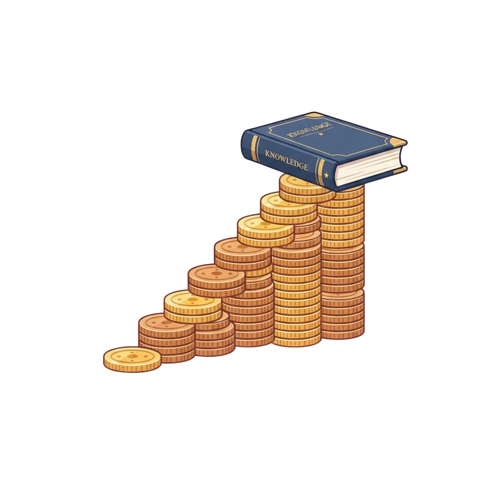 A stack of gold coins forming steps with a book labeled Knowledge on top