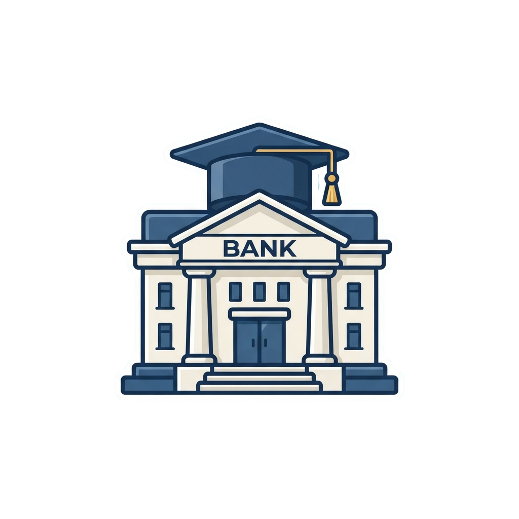 Illustration of a graduation cap placed atop a building labeled BANK