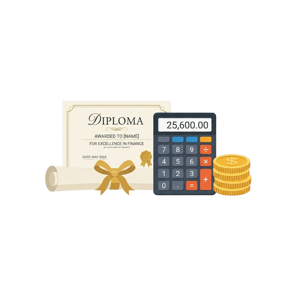 Diploma for finance excellence, calculator showing 25600, and stack of gold coins with ribbon