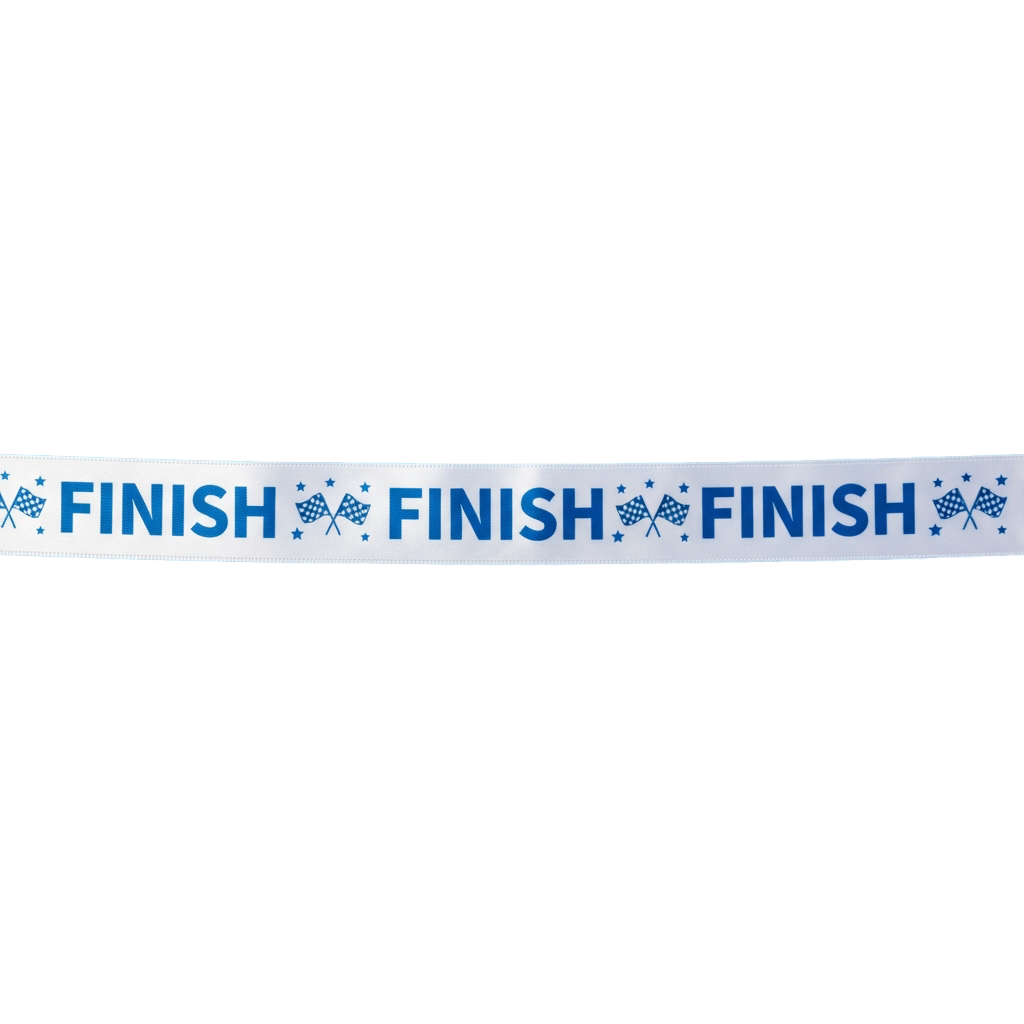 Light blue ribbon with repeated text FINISH and checkered flag icons