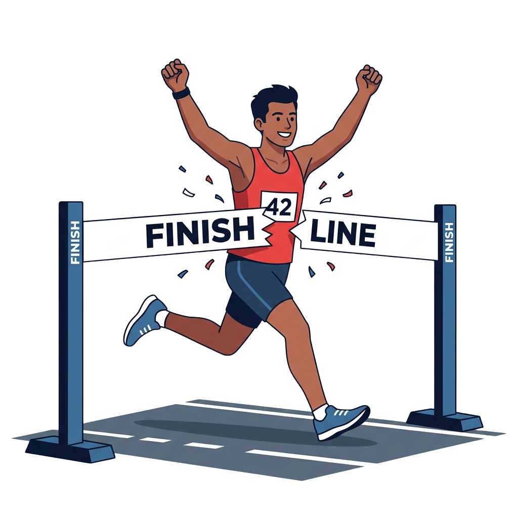 Runner crossing finish line with arms raised in triumph, wearing a red tank top and dark shorts, number 42 on back