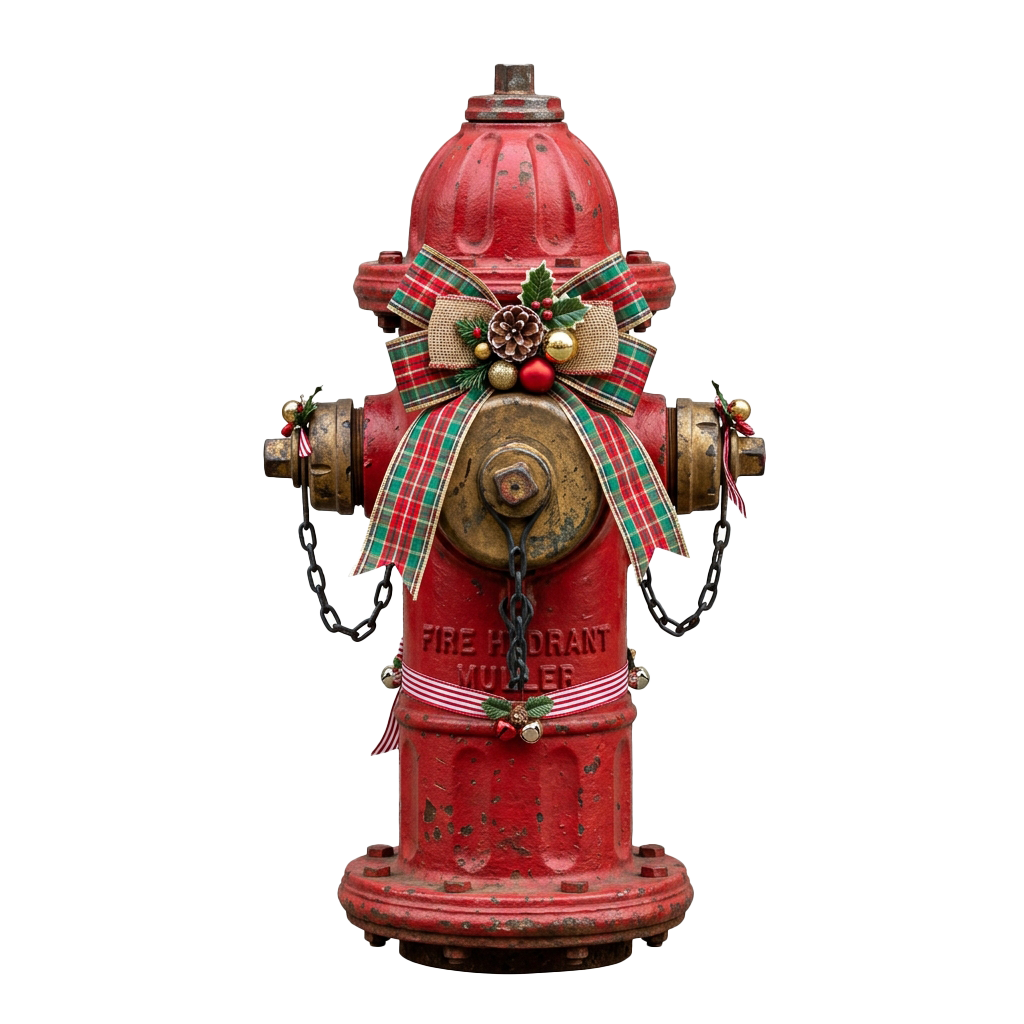 Red fire hydrant wrapped with plaid ribbon, bow, and festive ornaments