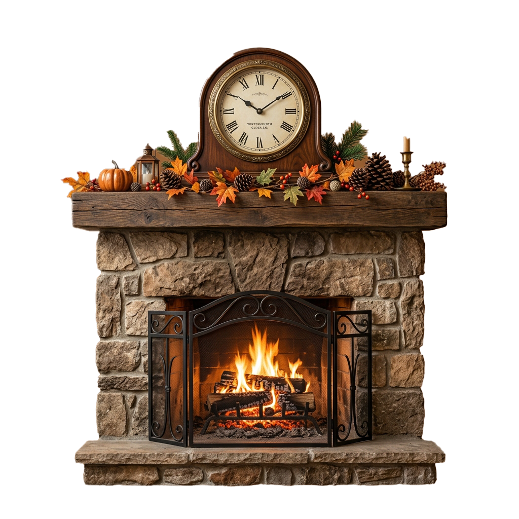 Wooden mantel clock surrounded by autumn decorations above a lit fireplace with logs burning.