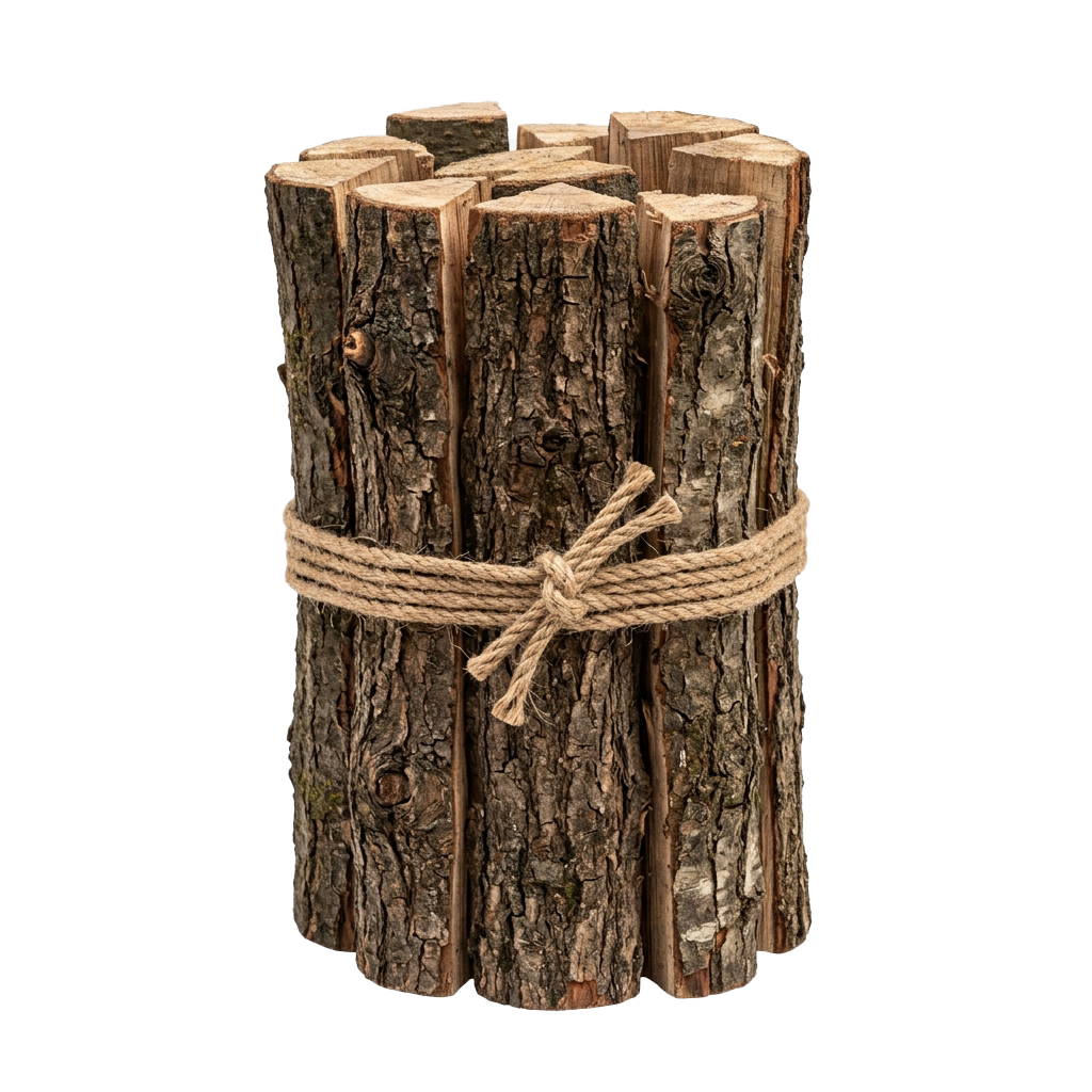 A bundle of cut firewood logs tied together with natural jute rope