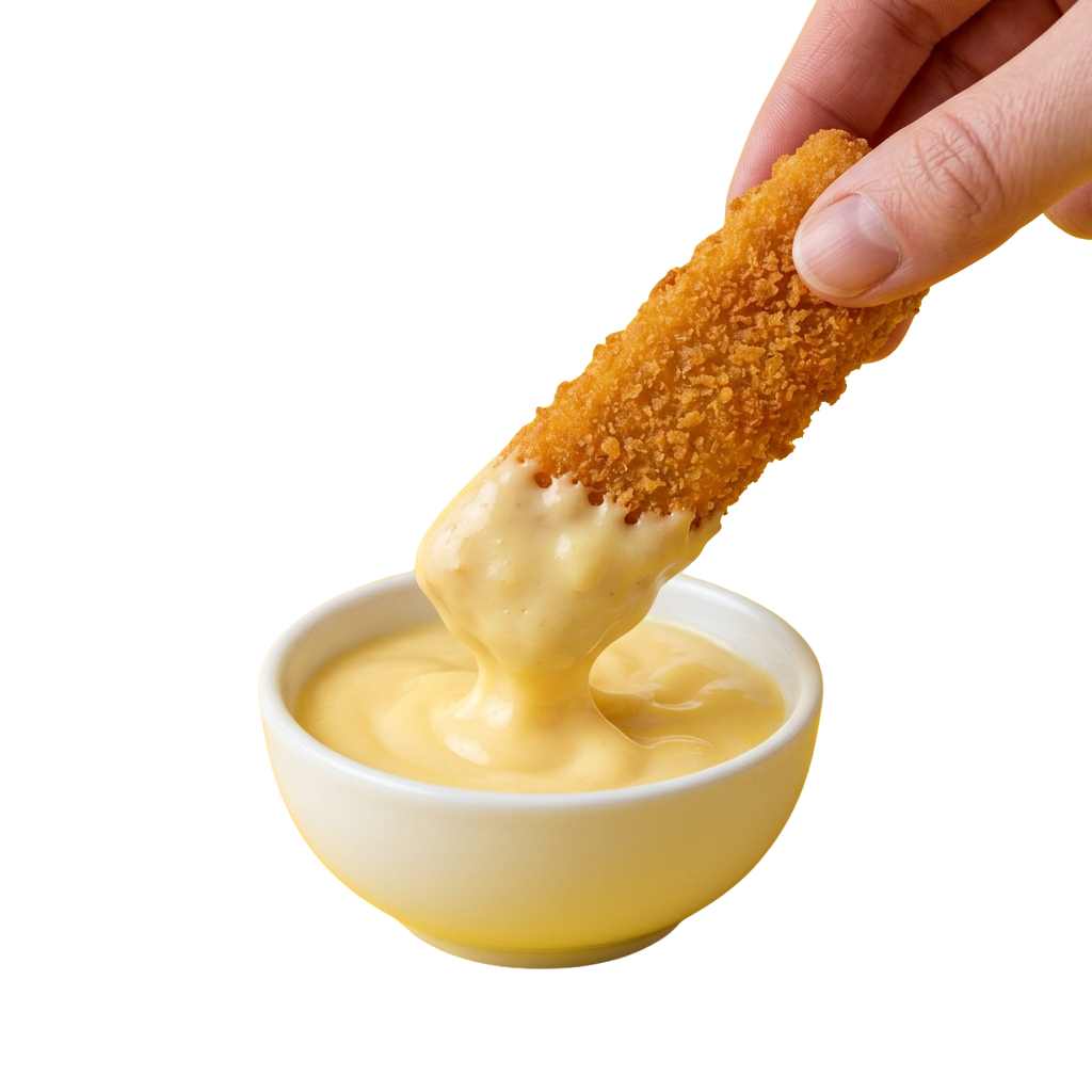 A hand dipping a golden, breaded fried food item into a bowl of creamy yellow sauce