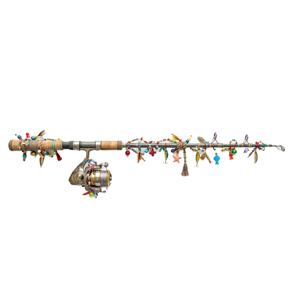 A fishing rod adorned with small colorful figurines and a decorative reel hanging from its side.