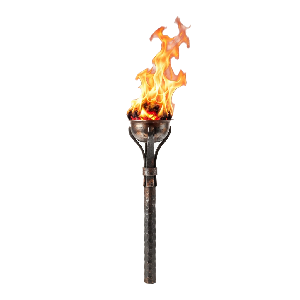 A lit torch with bright orange and yellow flames burning at the top