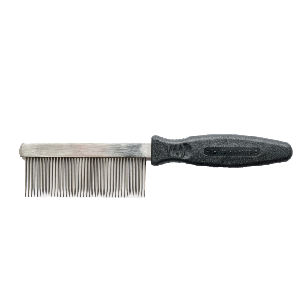A fine-toothed metal comb with a black rubber handle for pet grooming.