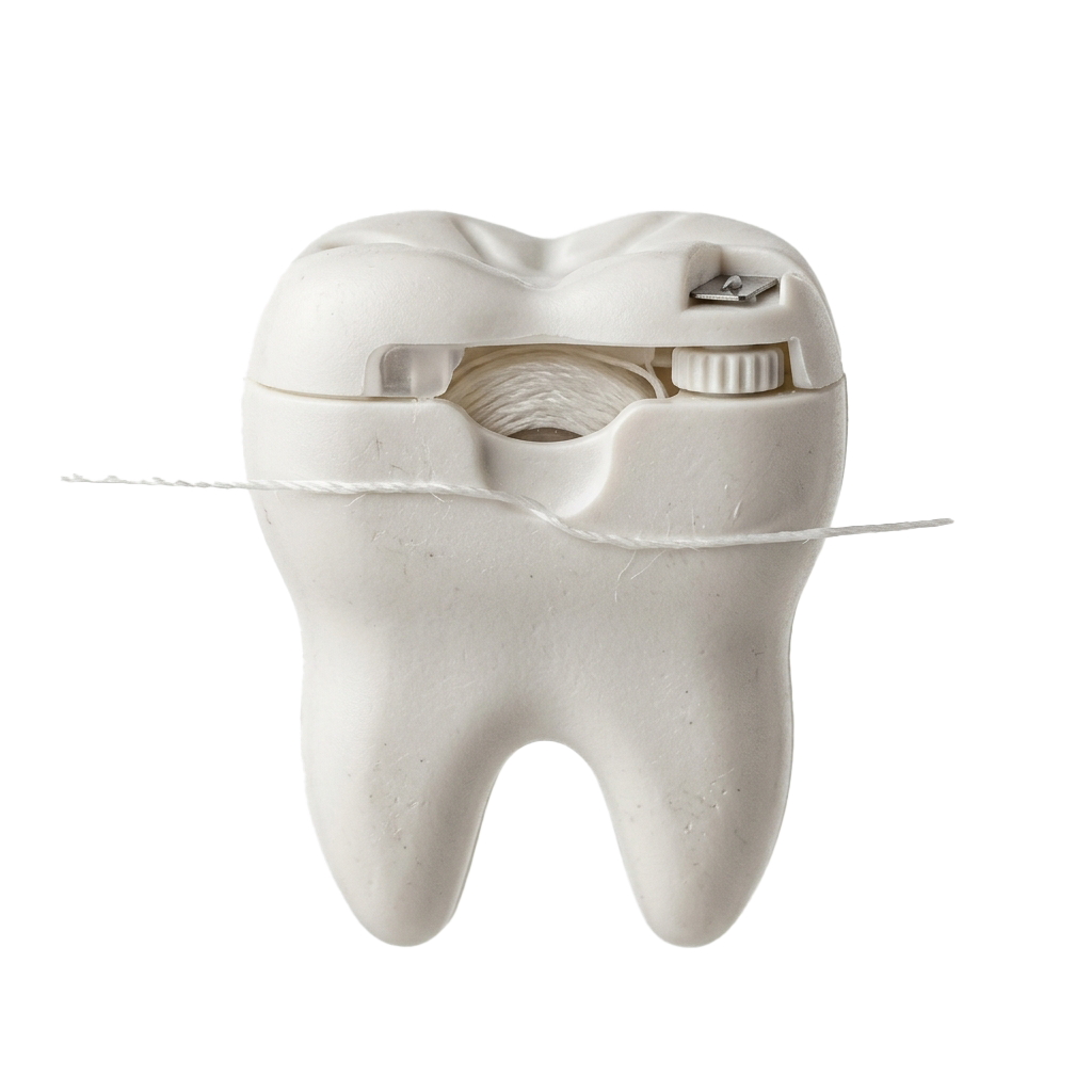 A model of a tooth with orthodontic wire and dental floss wrapped around it.